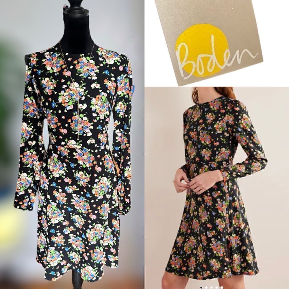 Boden Crew Neck Fit and Flare Dress in Black Floral Size 8